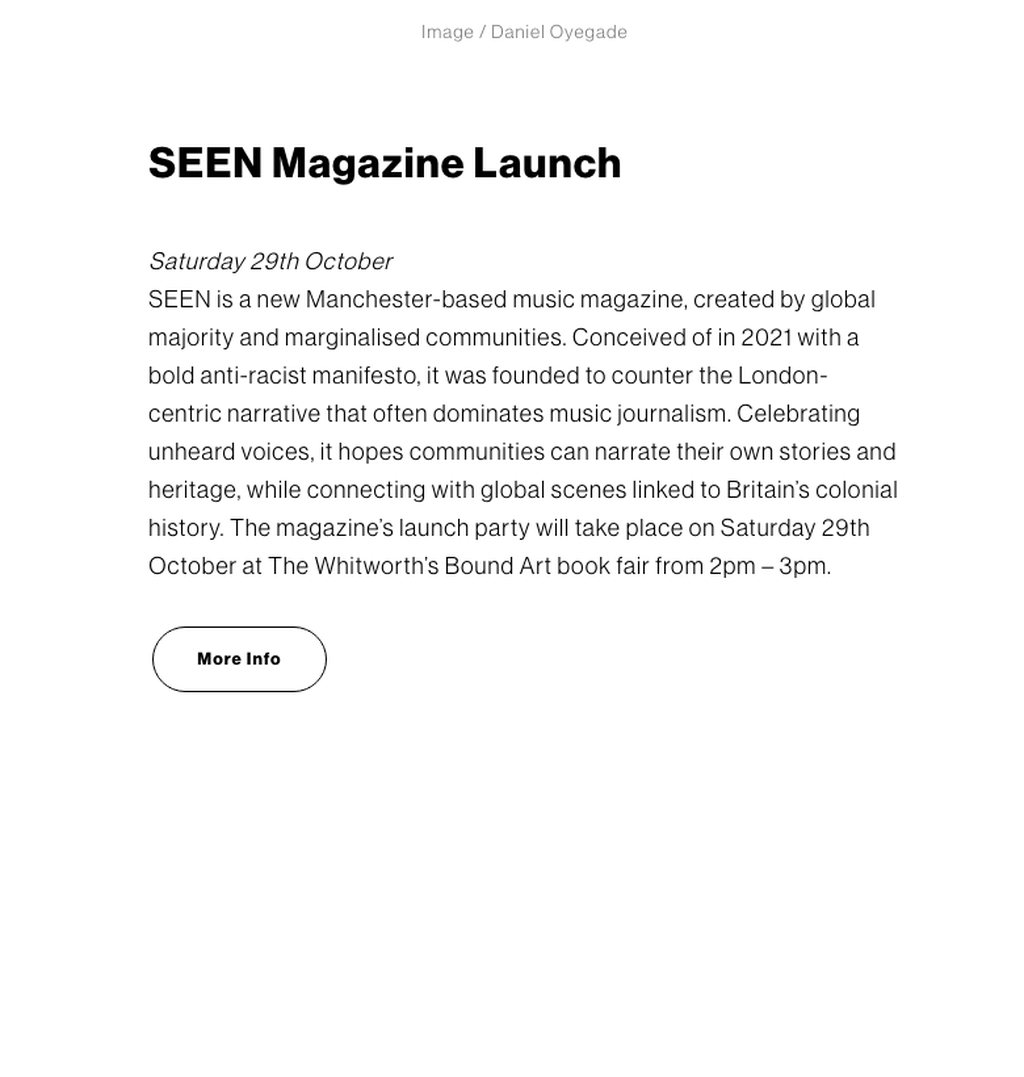 Screenshot of Manchester’s Finest showing the SEEN Magazine Launch image credit and article title
